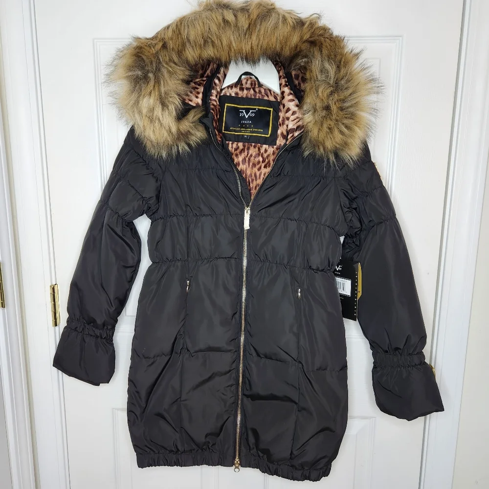 Kids Versace Italia 19V69 Black Puffer Jacket with Faux Fur Hood